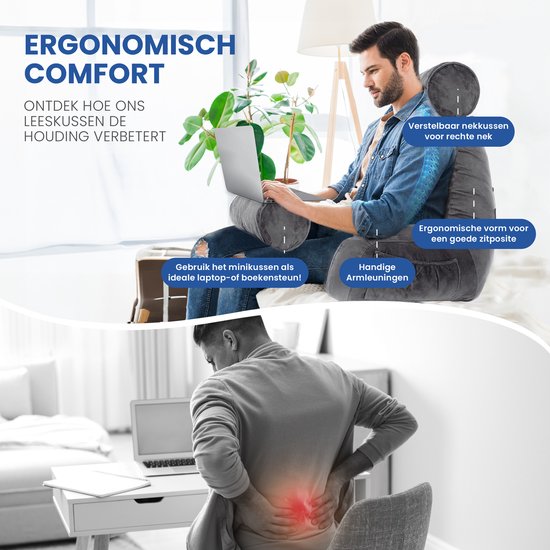 TTD® Premium XXL Leeskussen met Nekrol - Bookseat - Leeskussen voor in Bed - Ergonomisch Zitkussen met Verstelbare Vulling - Boekkussen - Inclusief Extra Minikussen - Fluweelzacht - Wasbare Hoes