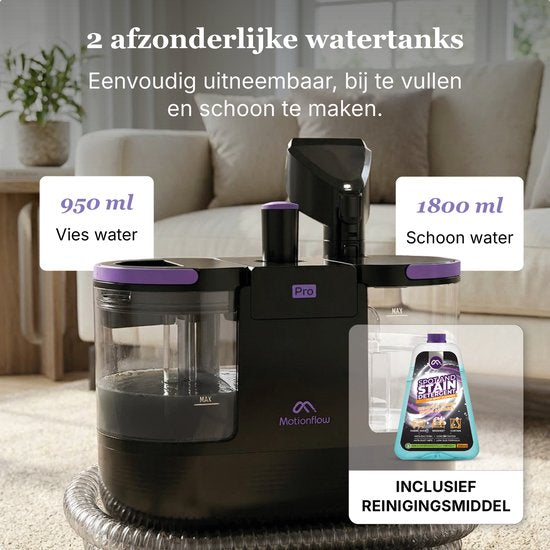 Motionflow Tapijtreiniger PRO – Professionele Dieptereiniging met Stoomfunctie tot 100°C – Krachtige 1700W Vlekkenreiniger - Stoomreiniging voor Vloer, Bank, Badkamer en Tapijt - Stoomreiniger & Zetelreiniger - Carpet Cleaner incl. Schoonmaakmiddel