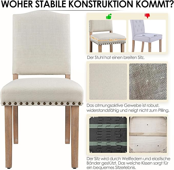 Yaheetech Eetkamerstoelen Set van 2 Gestoffeerd met Houten Poten - Beige - Max. 136 kg