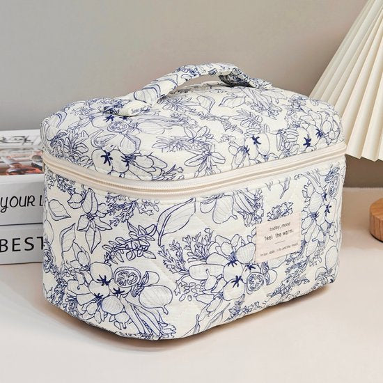 SC Travel Essentials - 3-delige Make-up Tas Set - Eco-vriendelijk Katoen - Gewatteerde Gebloemde Organizers - Ruim, Duurzaam en Ideaal voor Reizen