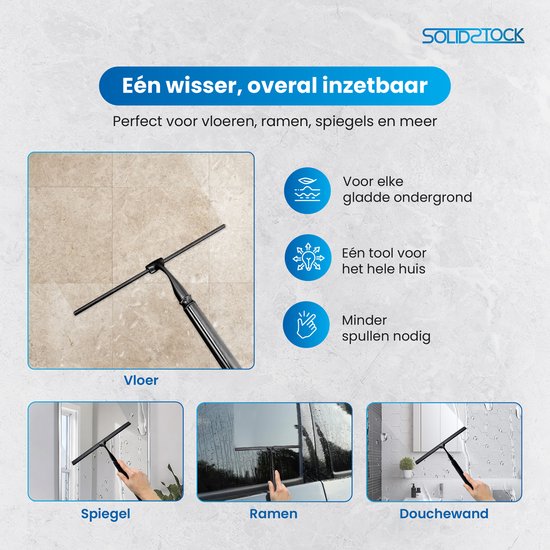 SolidStock Luxe Vloertrekker RVS - Vloerwisser met Steel - Verstelbaar in Lengte 38.5 tot 129 CM - Trekker Douche en Badkamer Vloer - Uitschuifbare Douchewisser - Zwart