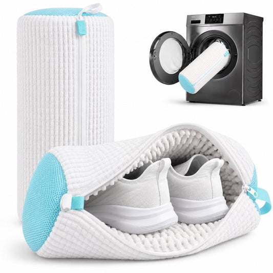 BOTC Schoenen Waszak Set - 2 Stuks - Herbruikbare Waszak voor Schoenen – 360° Diepe Reiniging met Microvezel - Beschermende Schoenen Waszak voor Wasmachine en Droger - Wit en blauw