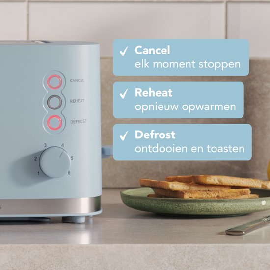 KitchenBrothers Broodrooster - Toaster - 6 Instelbare Warmteniveaus - 2 Extra Brede Sleuven - 870W - Pastel Blauw