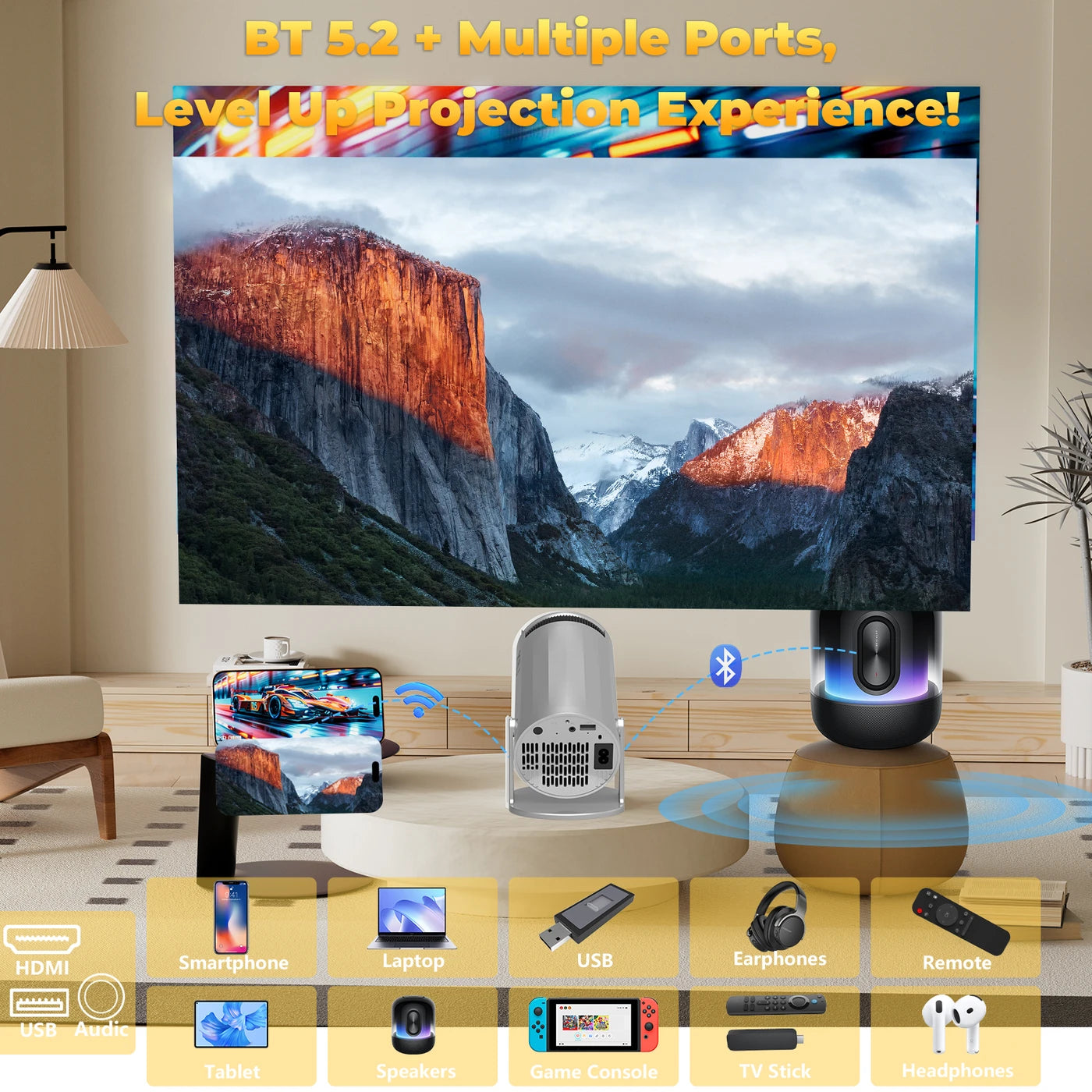 XBJ Draagbare Mini Beamer Zilver 14 x 12 x 21,8 cm - WiFi 6 & Bluetooth 5.2 - Android 11 - 1080P & 4K-decodering - 180° Draaibaar - 200 ANSI Lumen