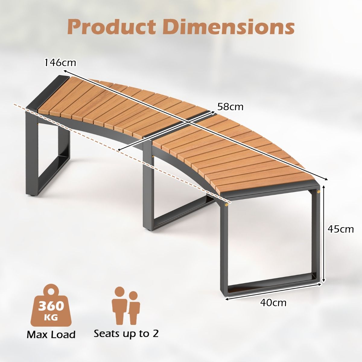 Coast Terrasbank Gebogen Acaciahout - Zitbank voor 2 Personen - 146x58x45 cm - Geel/Zwart