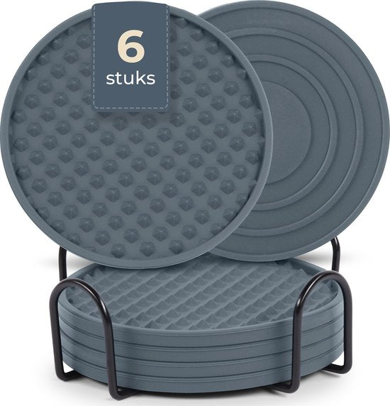 Castagnola Siliconen Onderzetters – Onderzetters voor Glazen – Design Onderzetters met Houder – Onderzettersset – Anti Slip - Set van 6 – Grijs
