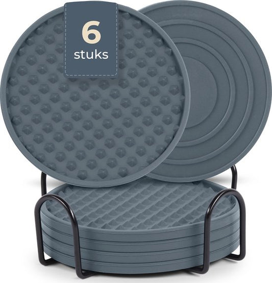 Castagnola Siliconen Onderzetters – Onderzetters voor Glazen – Design Onderzetters met Houder – Onderzettersset – Anti Slip - Set van 6 – Grijs