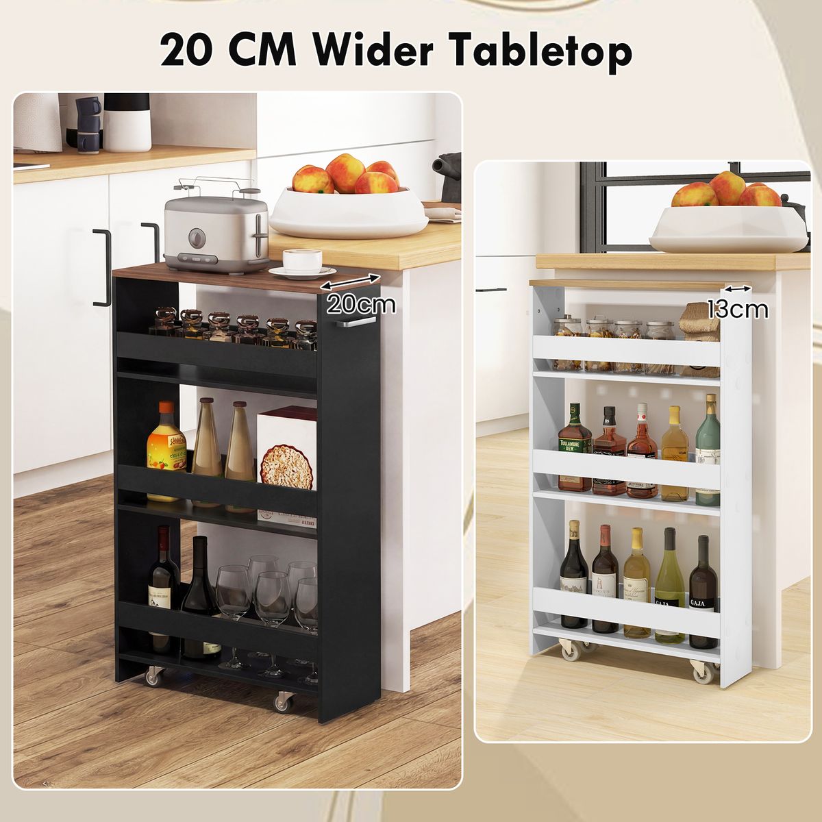 Coast Keukenwagen - smal nissenrek op wielen - 4 verdiepingen - zwart en bruin - 47,5 x 20 x 80,5 cm