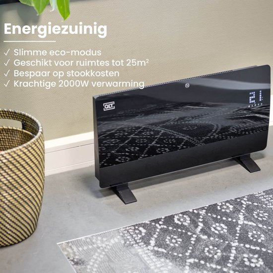 QLT Curved Verwarmingspaneel van Glas – Elektrische Kachel met App Bediening –Badkamer Verwarming met Thermostaat en Antivries – 2000 Watt - Zwart