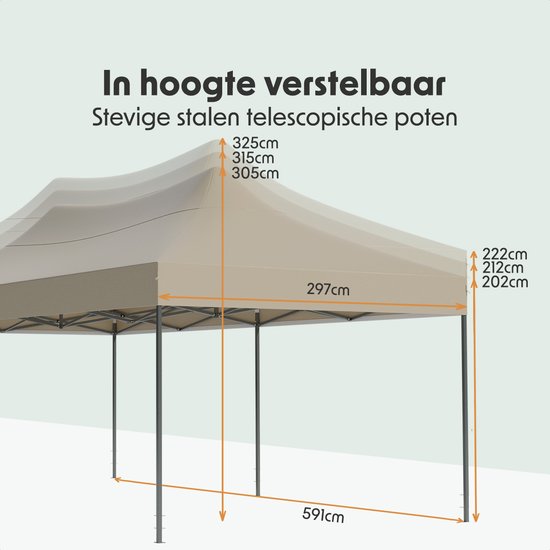 LifeGoods Partytent - Paviljoen - EasyUp - Opvouwbaar - Waterdicht - Met Draagtas met wielen - 300 x 600 cm - Beige