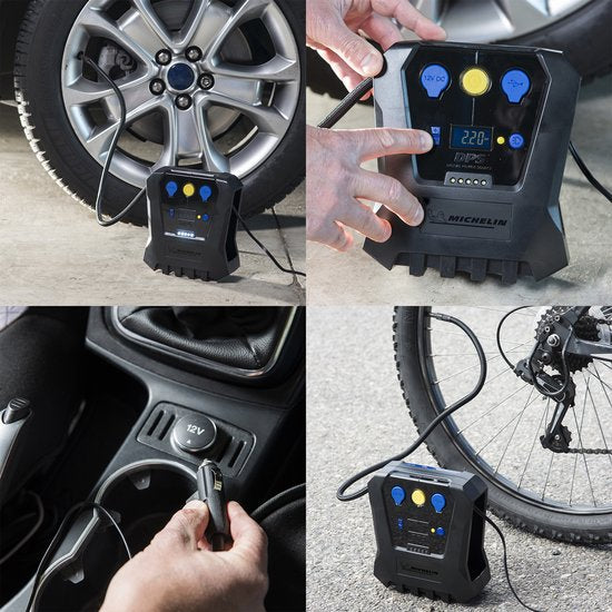 Michelin Compressor Bandenpomp 12V - Instelbare luchtdruk (0,05-7 bar) - Met USB-poort - Elektrische Bandenpomp - Fiets/Auto/Motor/Bal/Luchtbed - Met diverse mondstukken