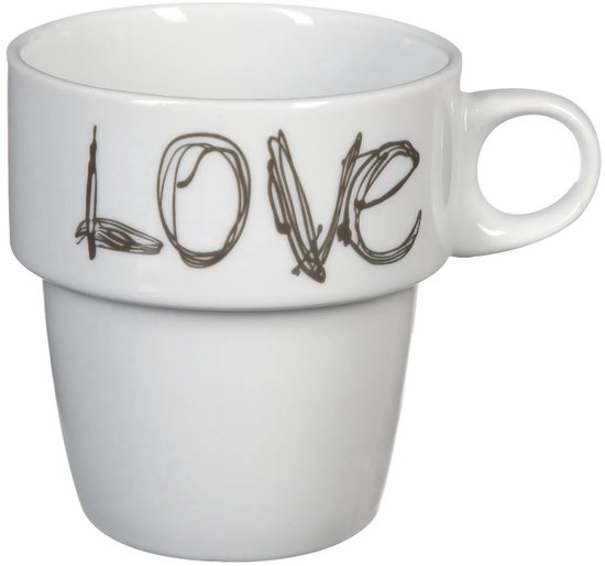 Secret de Gourmet Koffie mokken/bekers Love - 6x stuks in metalen rekje - Keramiek - glans afwerking - 260 ml - 8 x 9 cm