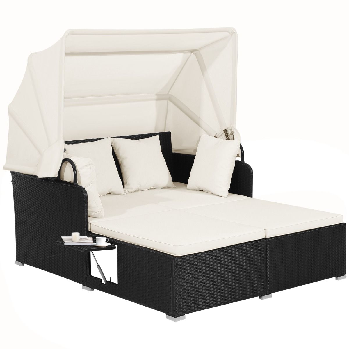 Coast Rotan Ligbed voor 2 Personen - Met dak en uitklapbare zijtafels - Zwart 165 x 153 x 138 cm
