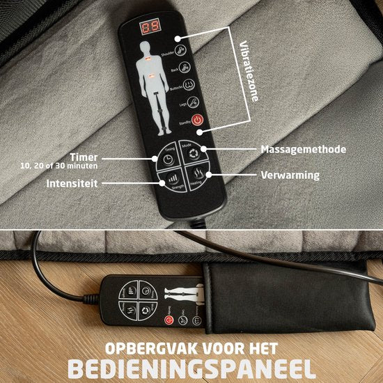 BREND BR-2230 Elektrische Massagemat en Kussen – Massagematras met Warmte, 5 Vibratiemodi en 3 Intensiteiten - Massagekussen – 170X55 CM – Grijs