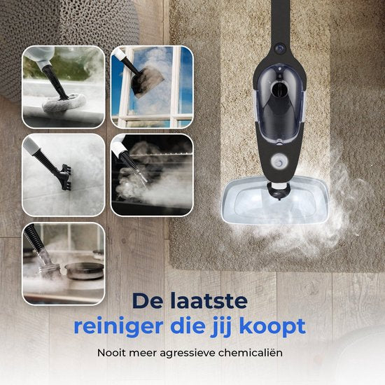 Stoomreiniger 2 in 1 - Handstomer - Vlekkenreiniger - Met 8 Opzetstukken en 2 Microvezeldoeken - Bank, Vloer, Badkamer en Tapijt Reinigen - Zwart