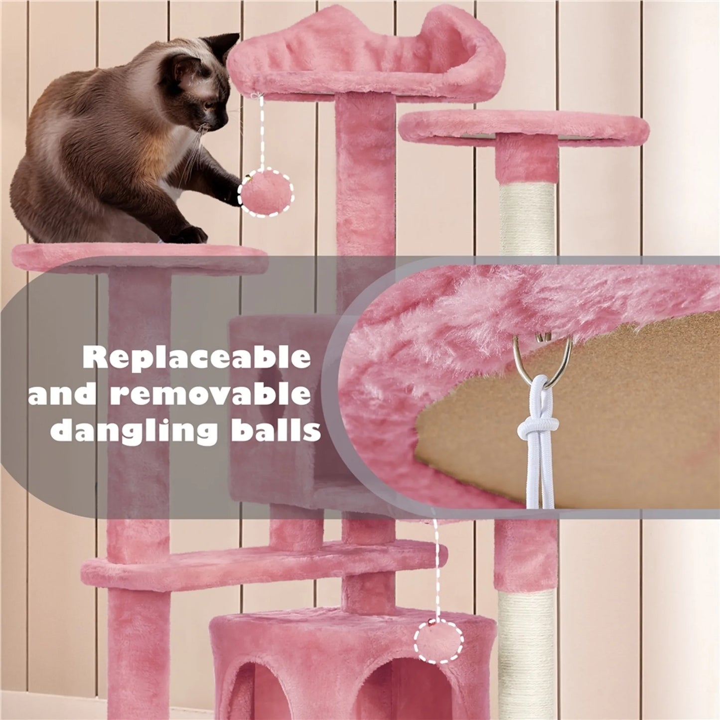 Yaheetech Krabpaal Met 3 Uitkijkplatforms – Voorzien Van 2 Kattenmanden En Sisalpalen En Speelbal Met Belletje – Voor Huishoudens Met Meerdere Katten – Roze Pluche En E1 Spaanplaat – 49 x 49 x 139 cm