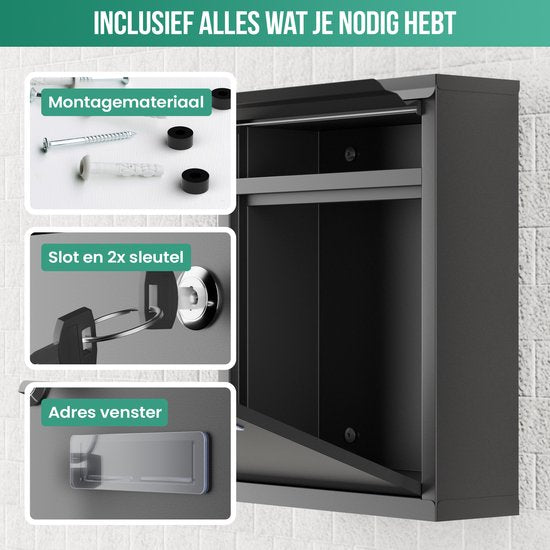 Avalo Brievenbus - Wandbrievenbus - Met Slot en 2 Sleutels - Incl. Montagemateriaal - Zwart