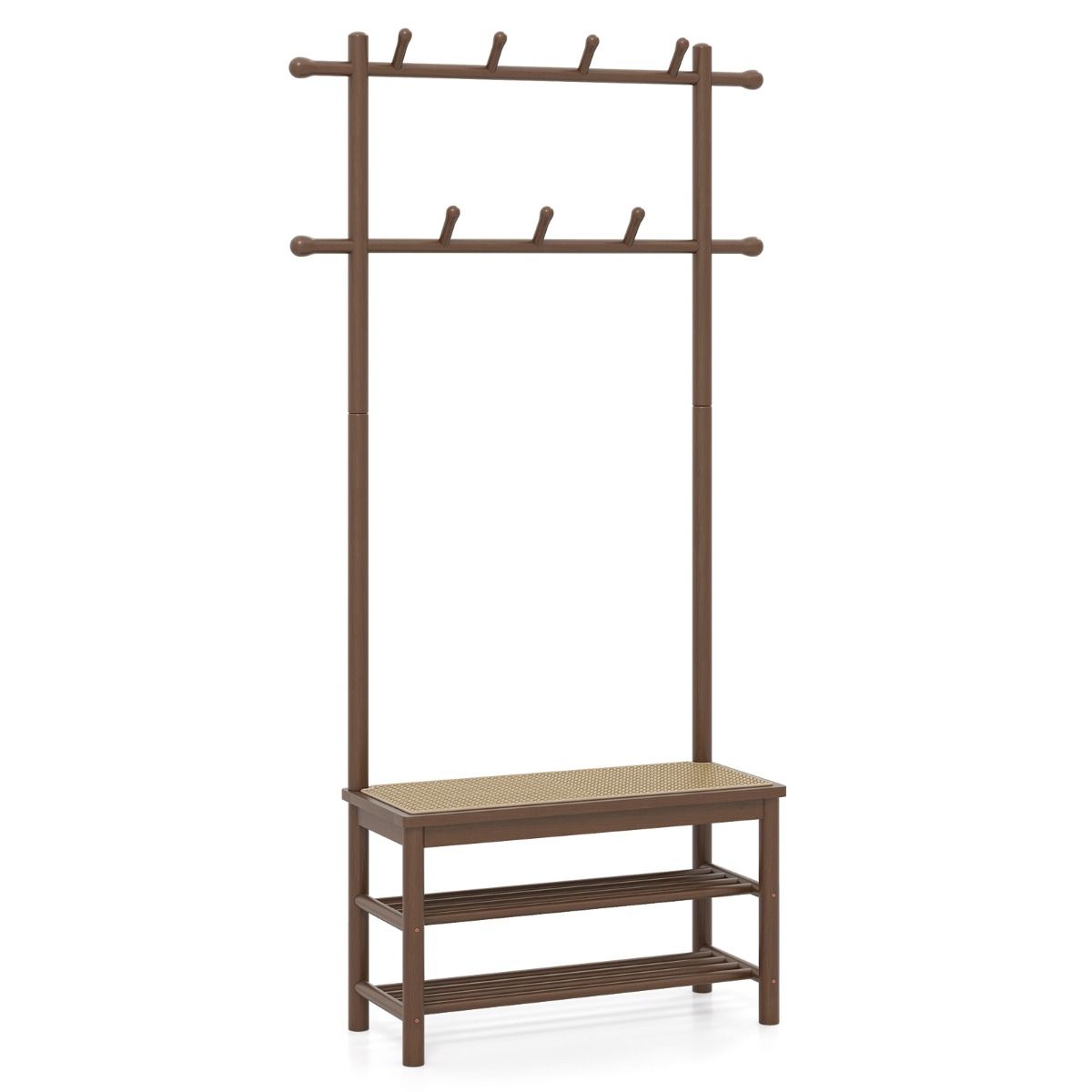 Coast Bamboe Kapstok met Bankje - Schoenenrek - PE-rotan Zitting - Bruin & Naturel - 71 x 30 x 169,5 cm