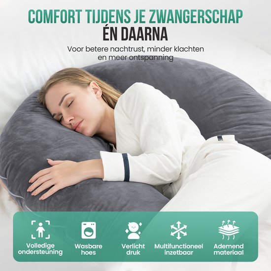 Avalo Zwangerschapskussen XXL 280 cm - U-Vorm Voedingskussen & Zijslaapkussen - Body Pillow - Lichaamskussen - Donkergrijs