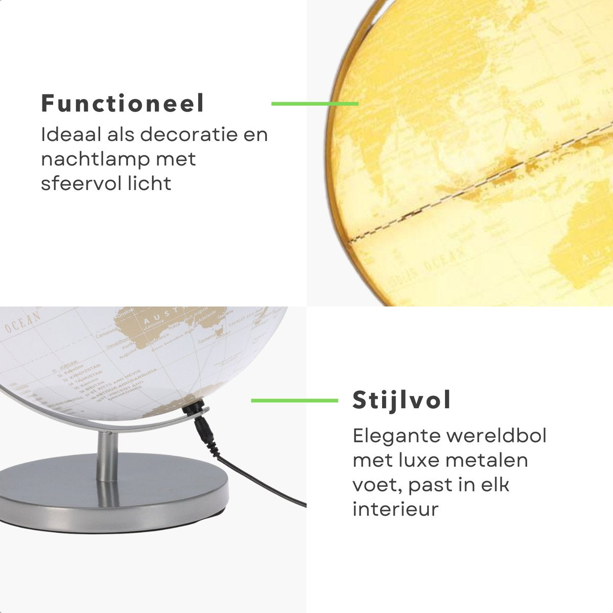 Cheqo® Wereldbol Lamp 31 cm – LED Globe met Verlichting – Wit Goud – Decoratieve USB Wereldbollamp