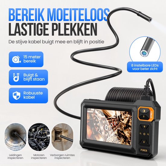 Strex Endoscoop met Scherm 15M - Inspectiecamera - Rioolcamera met HD Beeld - IP67 Waterdicht - Instelbare LED Verlichting