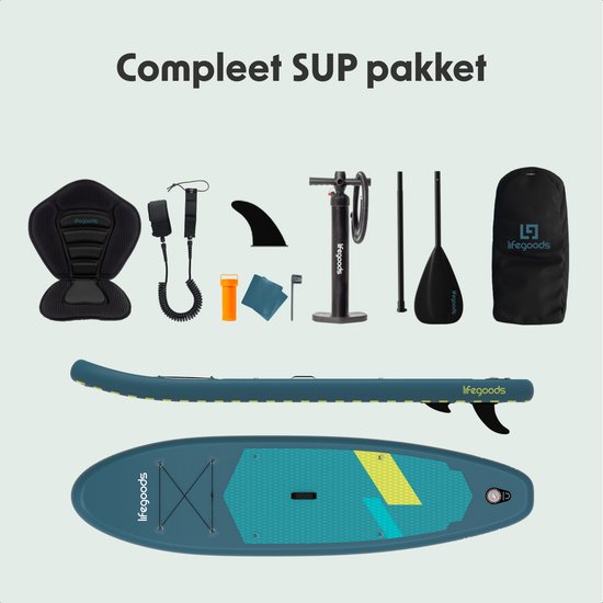 LifeGoods SUP Board Allround Compact - met Zitje - 100 KG Draagkracht - 300 x 76 cm - Opblaasbaar - Compleet SUP pakket - Cyaan/Donkergroen