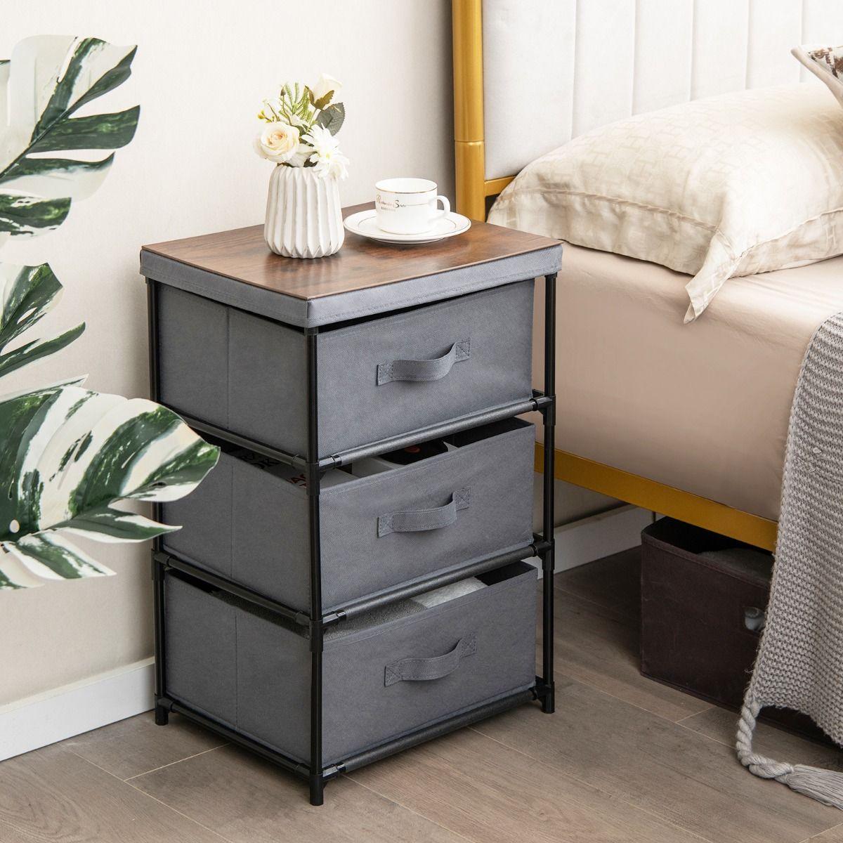 Coast Nachtkastje met stoffen lades - metalen frame - opbergkast - grijs - 40 x 30 x 62 cm
