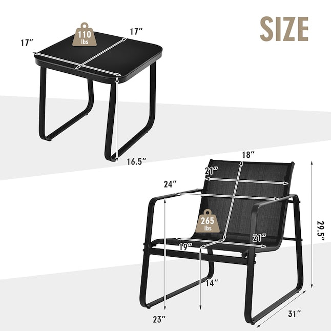 3-delig Tuinmeubelset Balkonset met 2 Stoelen en Tafel - Zwart, Afmetingen Stoel 58x60x85 cm, Tafel 60x60x72 cm