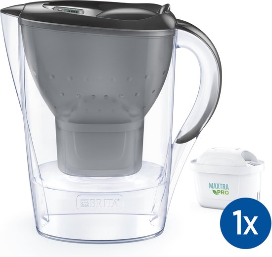 BRITA Marella Waterfilterkan Grijs - 2.4L – incl. 1 MAXTRA PRO Pure Performance Waterfilter – Past in de koelkast - Filter drinkwater van kalk, chloor, PFAS, herbicide, pesticide en meer*