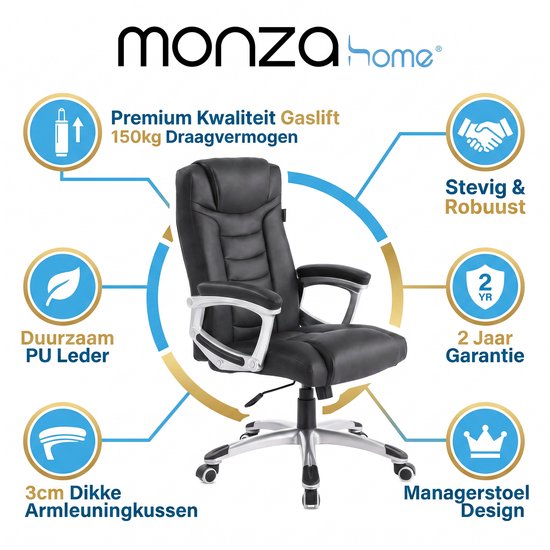 Monza Home® Bureaustoel Zwart – Ergonomische Bureau Stoel – PU Leder – Verstelbaar – 150kg Draagvermogen – Luxe Directiestoel