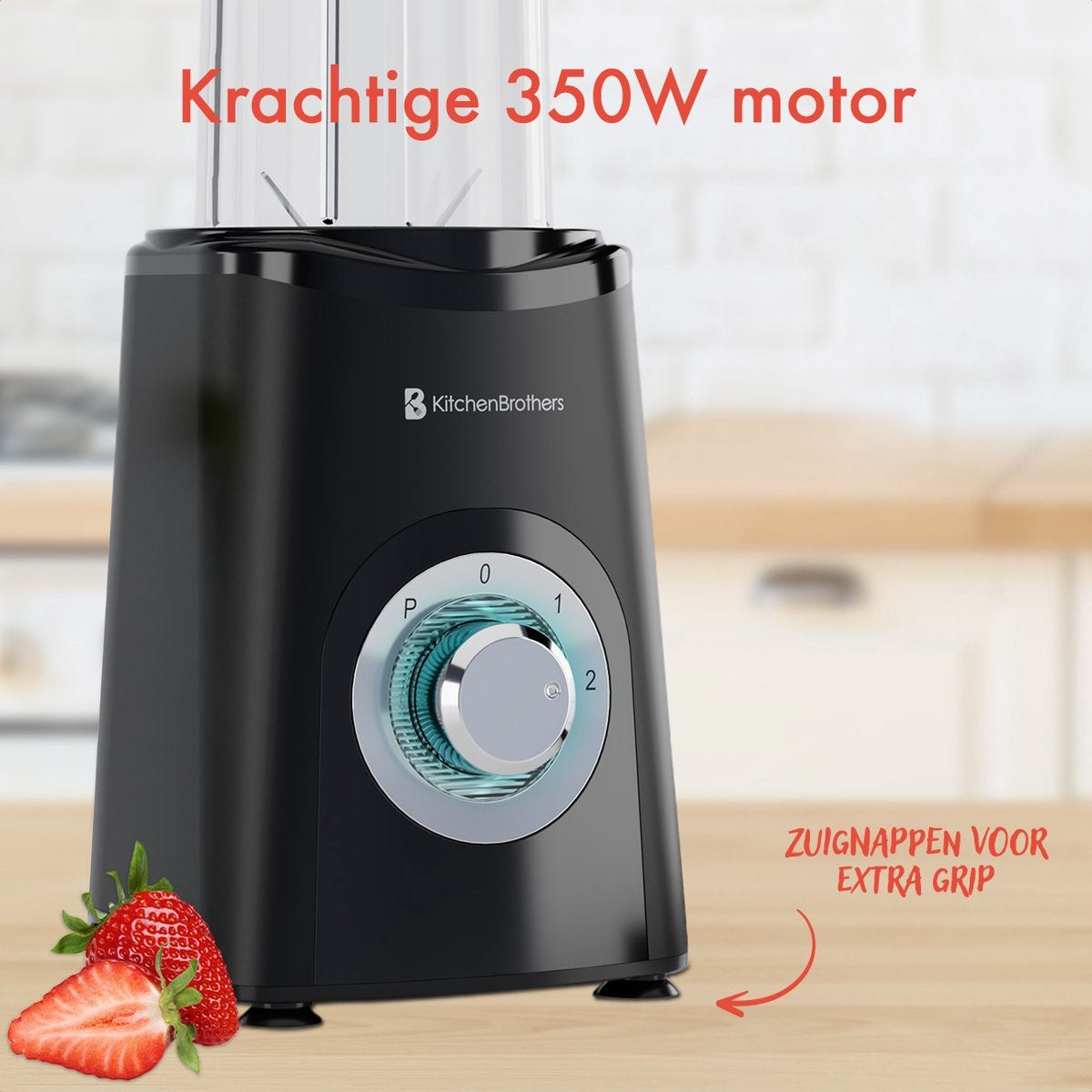KitchenBrothers Smoothie Blender  2-in-1 - 4 Bekers Mini Blender To Go  Mini Blender  Zwart