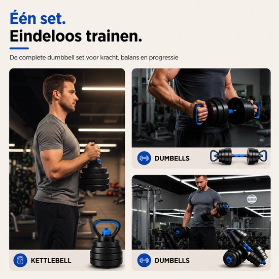 Sportfloww Dumbbells 28.5 KG – Halterset - Gewichten Set met Kettlebell, Barbell, EZ curl bar & AB roller – Verstelbare dumbells