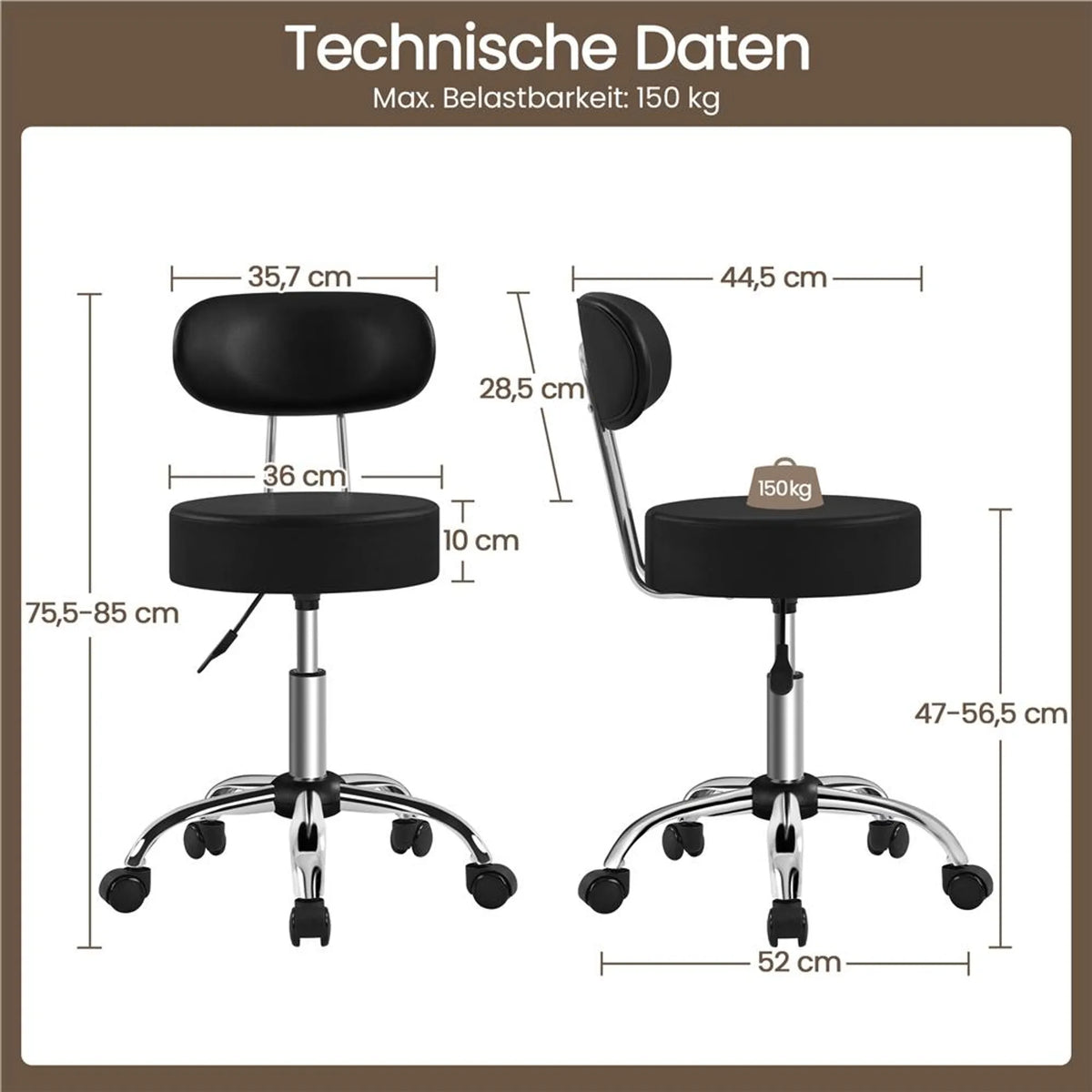 Yaheetech Barkruk Make-upstoel – 52 x 44,5 x 75,5-85 cm – Voorzien Van 10 cm Dik Zitkussen En 360° Rotatie En Verchroomd Metalen Frame – Voor Salon En Kaptafel – Zwart Kunstleer En Metaal
