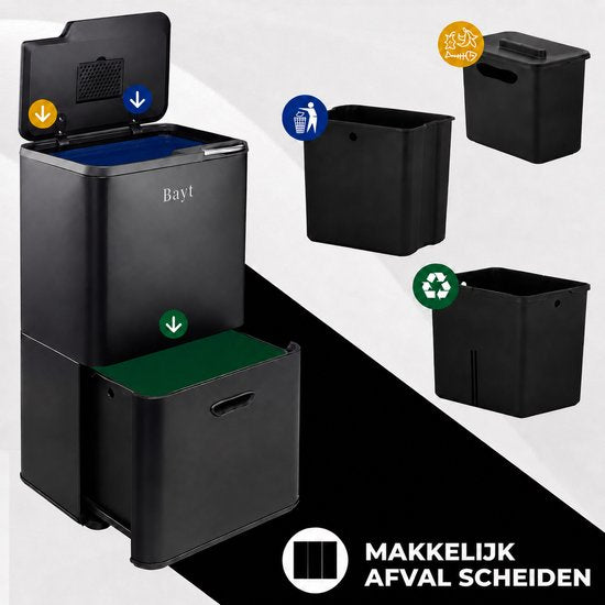 Bayt Prullenbak 60 Liter - Vuilnisbak 60 Liter - Prullenbak Afvalscheiding - 2 Compartimenten - RVS - Zwart
