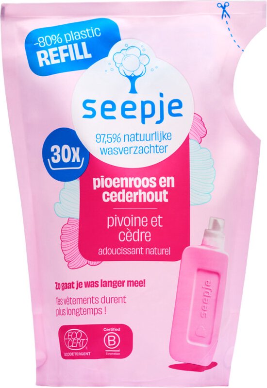 Seepje Wasverzachter Navulling Pioenroos en Cederhout 30 Wasbeurten - 750 ml