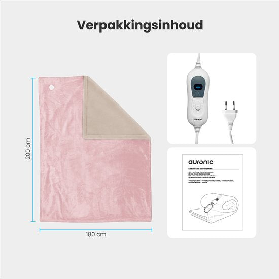 Auronic Elektrische Deken - 200x180cm - Warmtedeken - 2 Persoons - 3 Warmtestanden - Bovendeken - Met Timer - Verwarmingsdeken - Roze