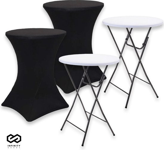 Infinity Goods 2x Stevige Statafel + 2x Zwarte Statafelrok - Partytafel - Robuust en Weersbestendig - Inklapbaar - 80cm x 110cm - Feest - Wit/Zwart