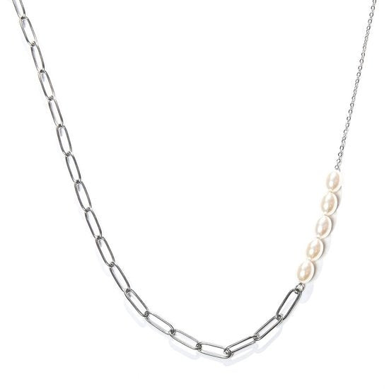 Laura Ferini Dames Ketting Perla – Zilverkleurige Asymmetrische Schakelketting met Parels – 18K Witgoud Verguld Collier – Elegante Halsketting