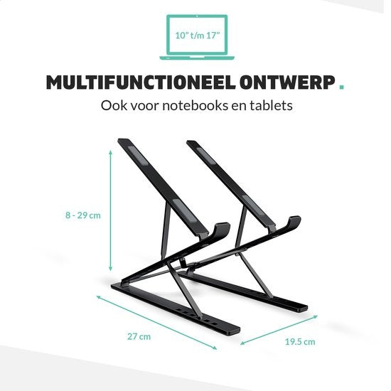 LURK® laptop standaard verstelbaar – Ergonomische Laptophouder – Opvouwbaar – Notebook/boek/tablet – Aluminium – 11 t/m 17 inch - Zwart