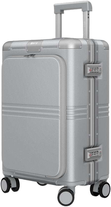 ONYX Hybrid Pro Handbagage Koffer met Voorvak 38 Liter - Gerecycled Polycarbonaat en Ritsloos Design - Reiskoffer met TSA slot en Spinner wielen - Lichtgewicht Trolley met Laptopvak - Orbit Silver