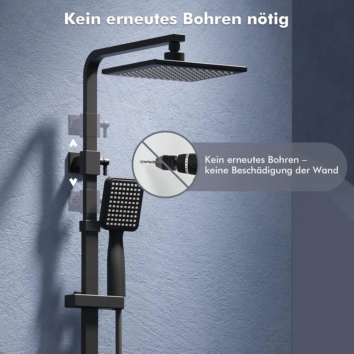 Homelody Regendouche Set zonder Thermostaat - Vierkante Hoofddouche 20 x 20 cm - Verstelbare Douchestang 73-115 cm - Zwart