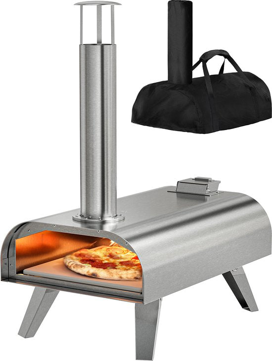 KitchenBrothers Pizza Oven - Houtgestookt - Tafelmodel - Met Beschermhoes - Inklapbaar - Pizzasteen - tot 460°C - RVS - Complete Set - Pizzaoven voor Buiten - RVS