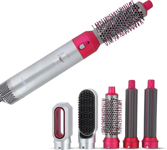 Niceey Fohnborstel - Krultang 5-in-1 Set - Airstyler - Multistyler - Stijlborstel - Krultang met Opzetstukken - Haardroger met Borstel - Met Handschoen - Krulborstel - Haarborstel - 2025 Model - Grijs/Paars