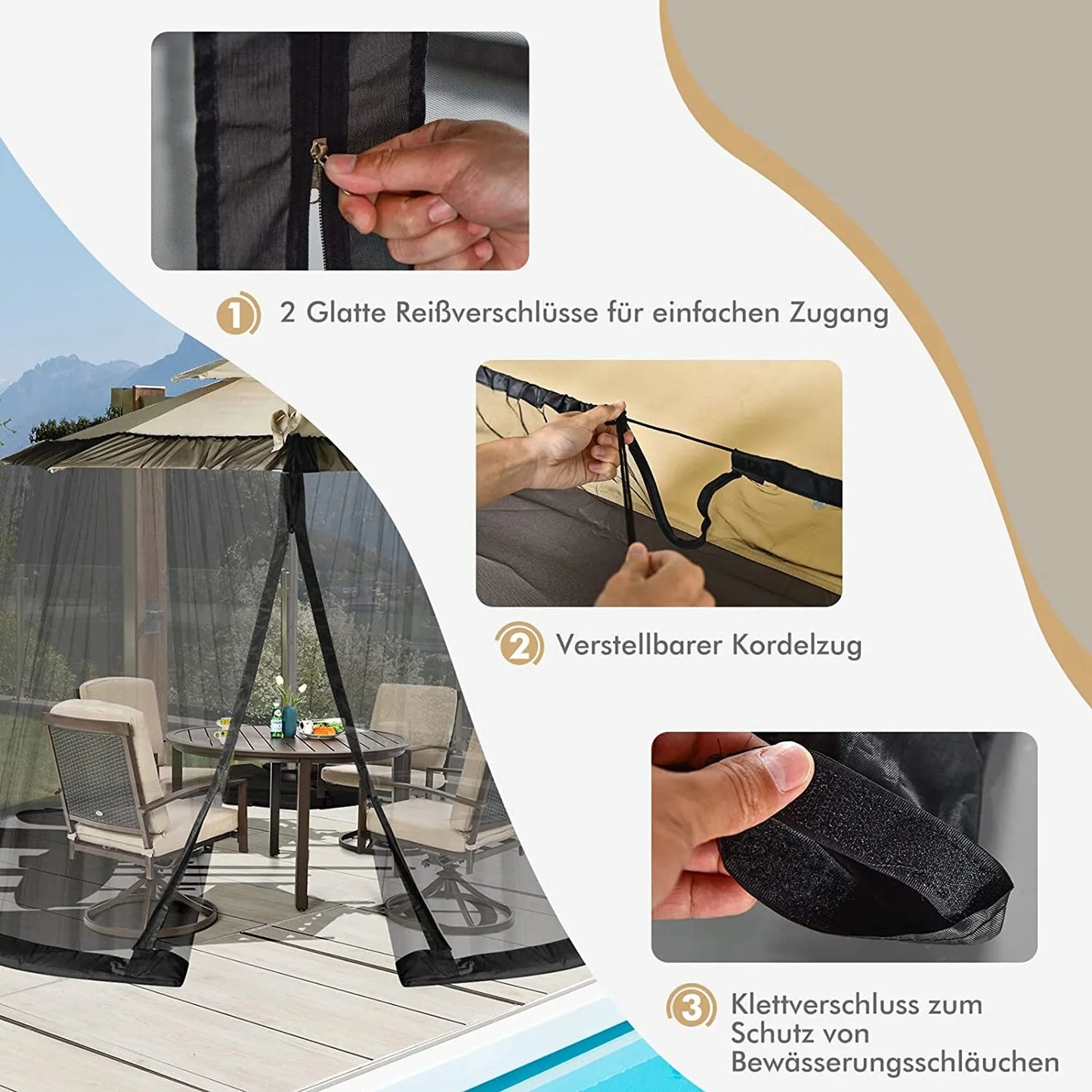 Coast Muggennet voor Parasol Zwart – 12,5 x 2,3 m – Met 2 Deuren en Dubbele Rits