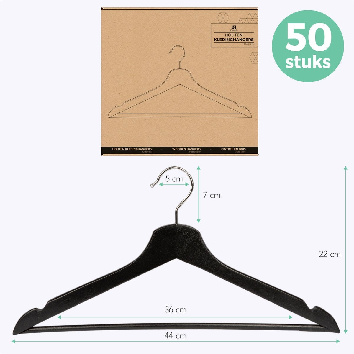 LifeGoods Kledinghangers - Met Broeklat - Hardhout - Zwart - 50 Stuks