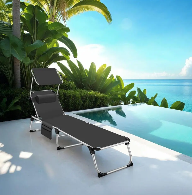tectake Aluminium Ligstoel Aurelie Zwart – 60 x 189 cm – Opvouwbaar met Zonnedak