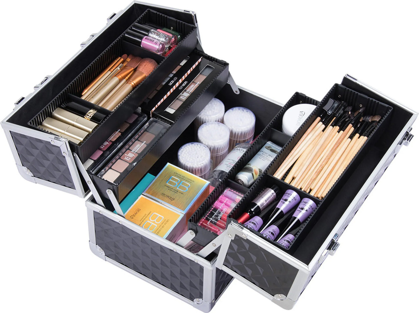 Yaheetech Make-upkoffer Beautycase – Voorzien Van 3 Lagen En Verstelbare Tussenschotten En Slot Met Sleutels – Voor Visagisten En Kappers – Zwart Aluminium – 34,7 x 22,2 x 25 cm
