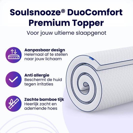 SoulSnooze® DuoComfort Premium Topper – 160 x 200 x 7 cm - Dubbelzijdig Design – incl Bamboe Hoes En Antisliplaag – Rugondersteuning – Wit Traagschuim En Hybrid Foam
