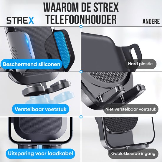 Strex - Telefoonhouder Auto - 360° Draaibaar voor Voorruit, Dashboard en Ventilatierooster - Universeel  -  Zwart