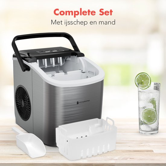 KitchenBrothers IJsblokjesmachine - 1.2L - IJsklontjes maker - IJsschep – 12kg/24 uur – Draagbaar – Zelfreinigingsfunctie - RVS